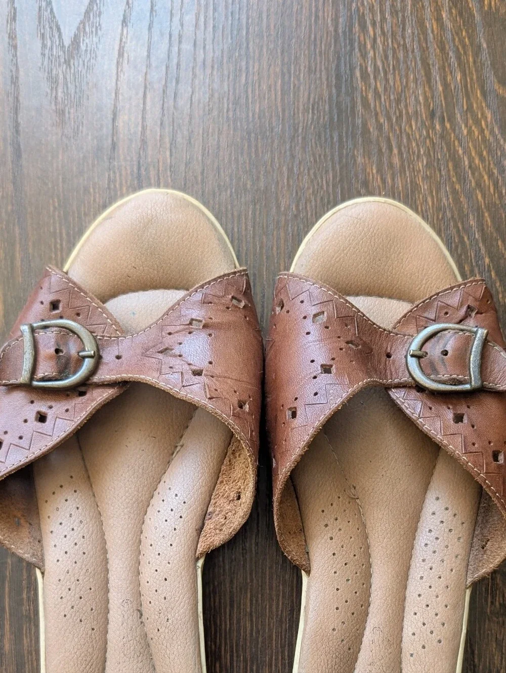 Vtg 80s Revelations Brown Leather Buckle Slide Wedge Sandals